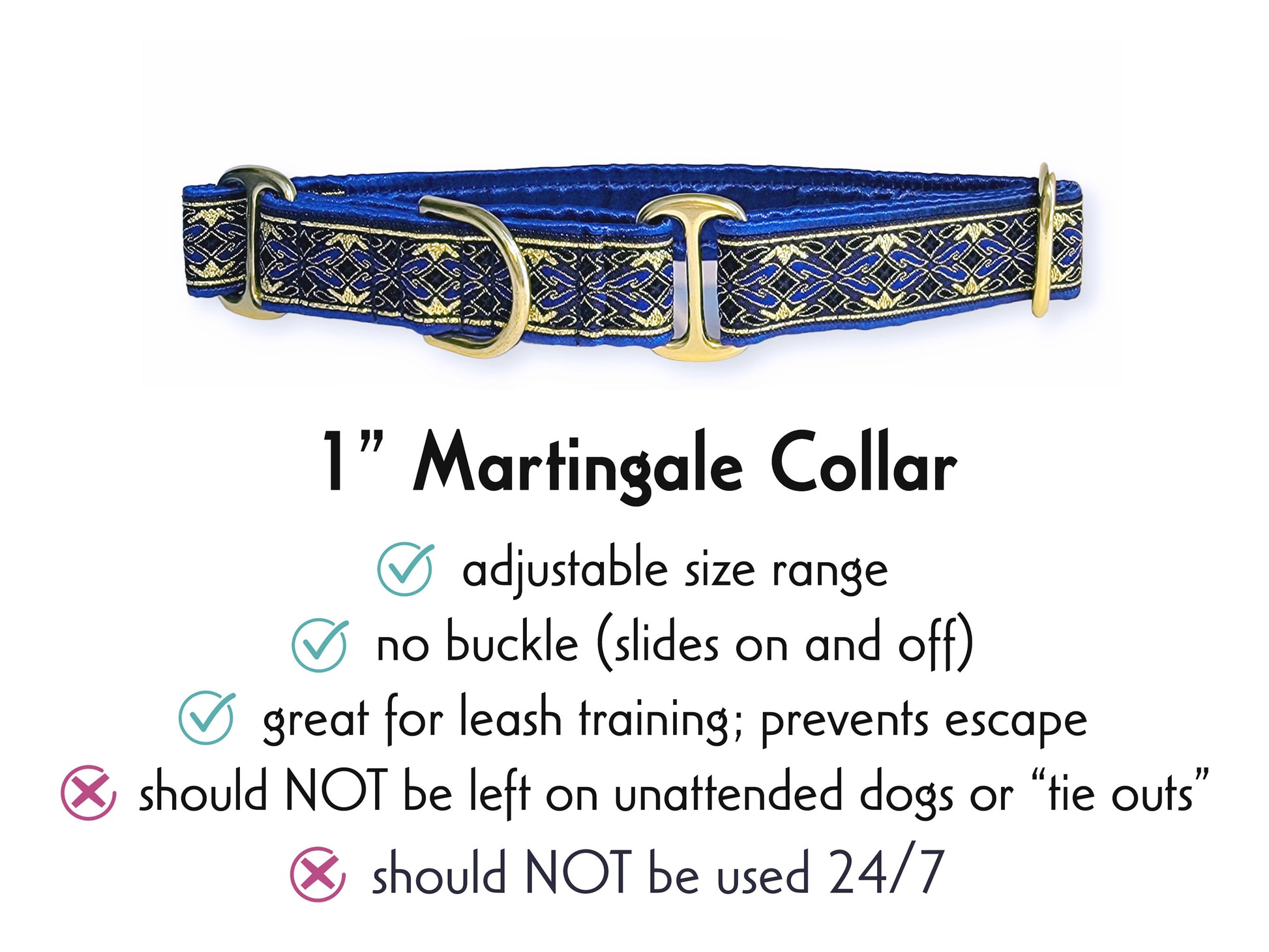 1 Inch Wide Blue, Gold Clifden Martingale Dog Collar by The Hound Haberdashery