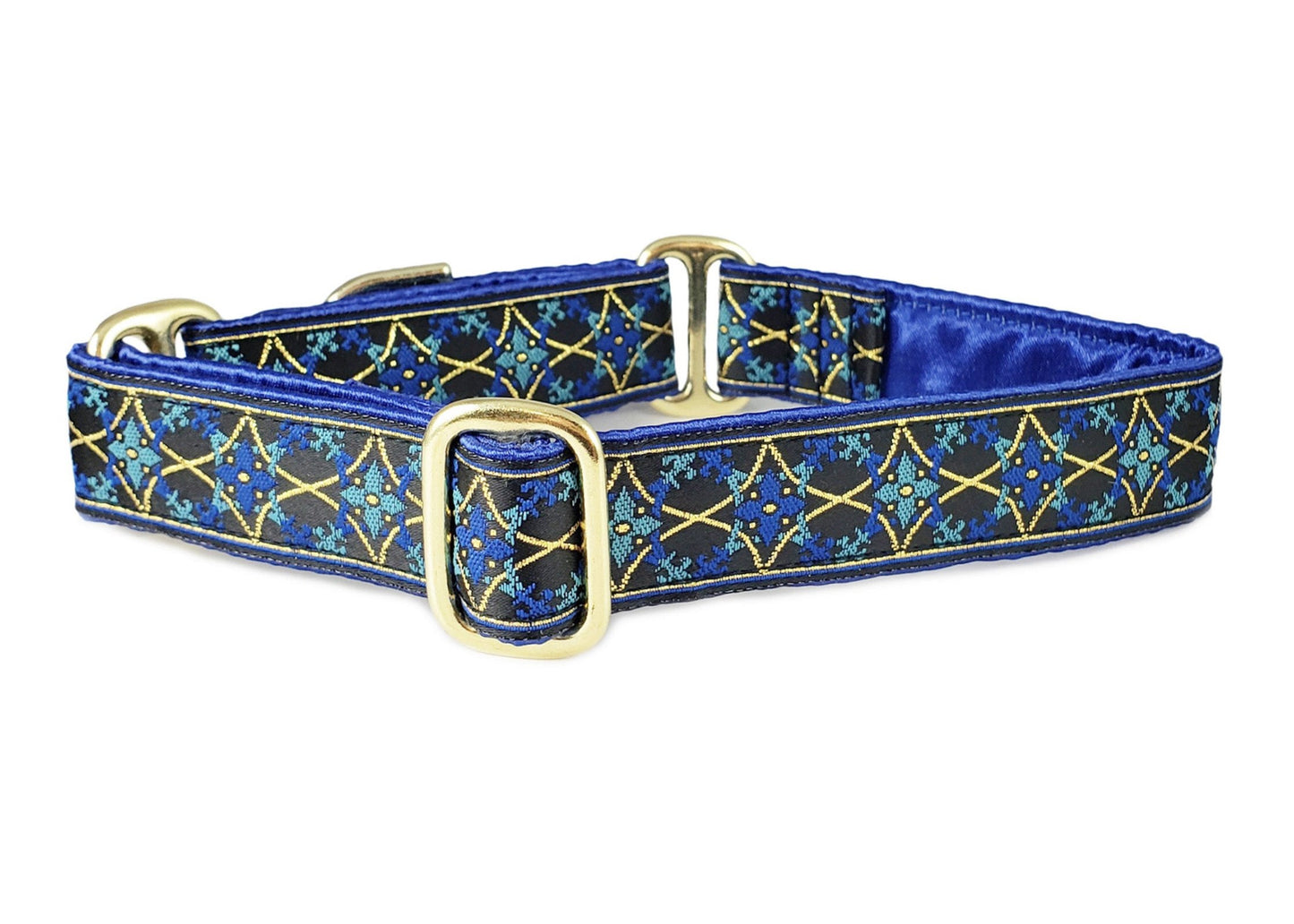 1 Inch Wide Blue, Gold Exeter Dog Collar by The Hound Haberdashery