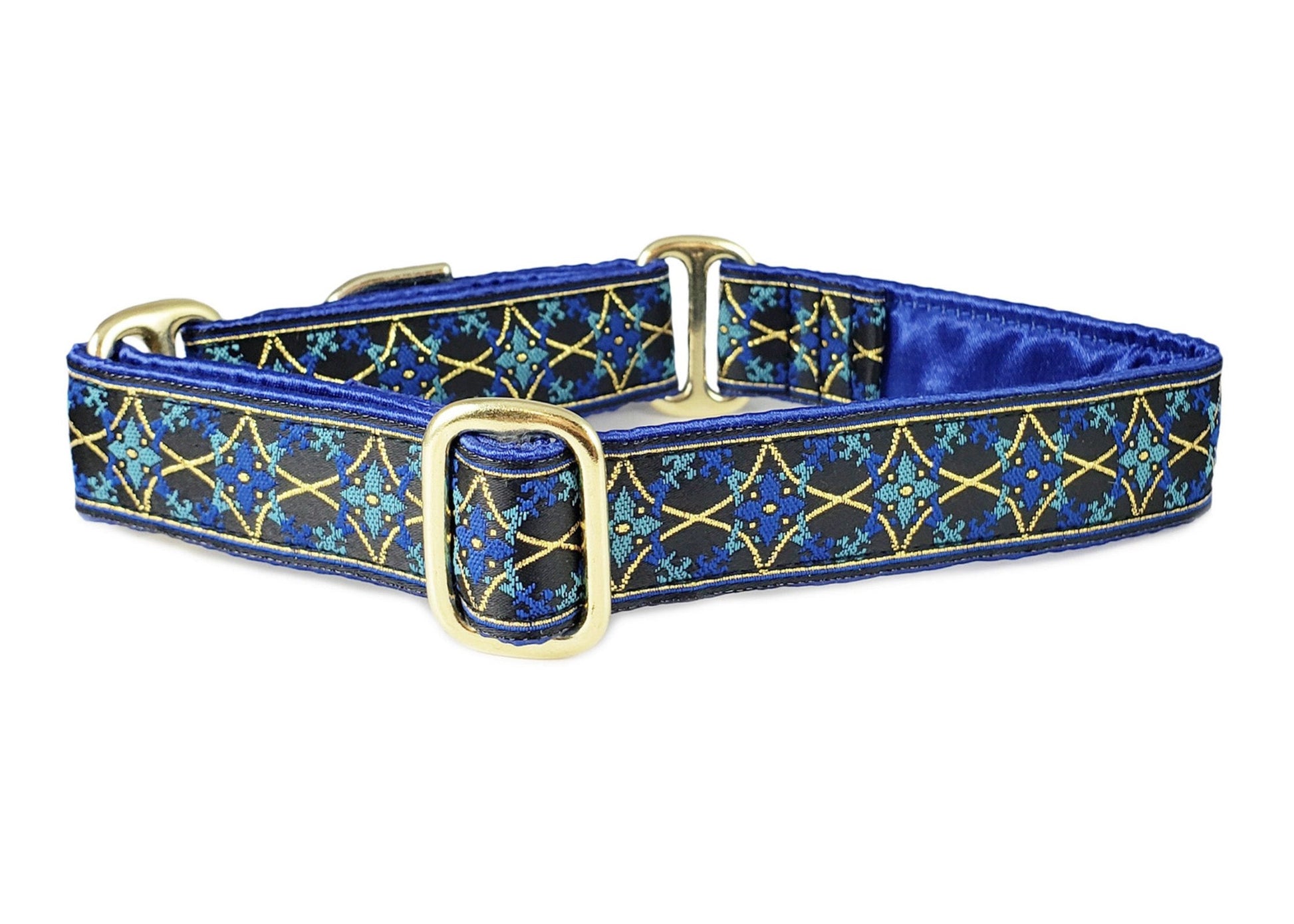 1 Inch Wide Blue, Gold Exeter Dog Collar by The Hound Haberdashery
