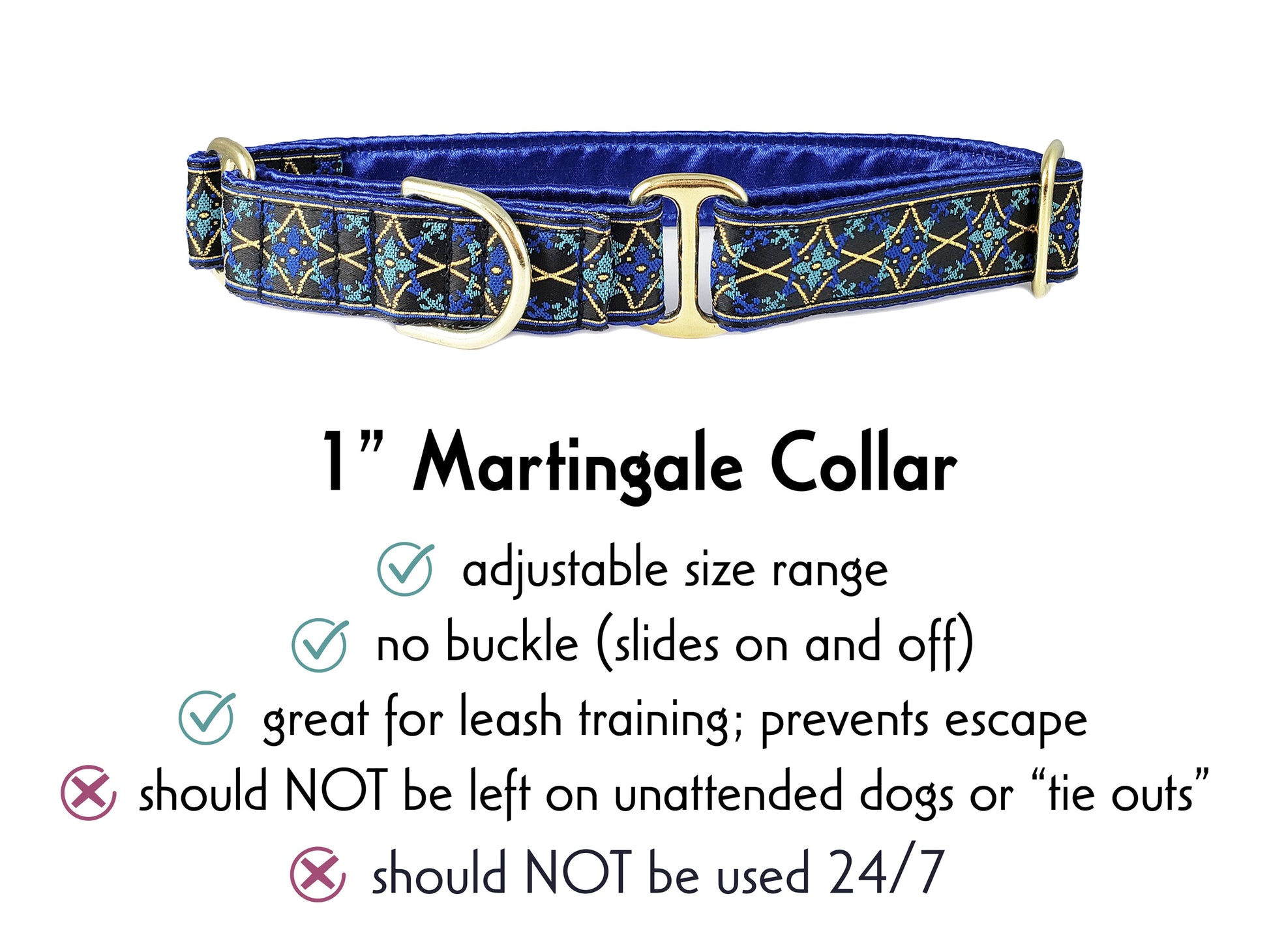 1 Inch Wide Blue, Gold Exeter Martingale Dog Collar by The Hound Haberdashery