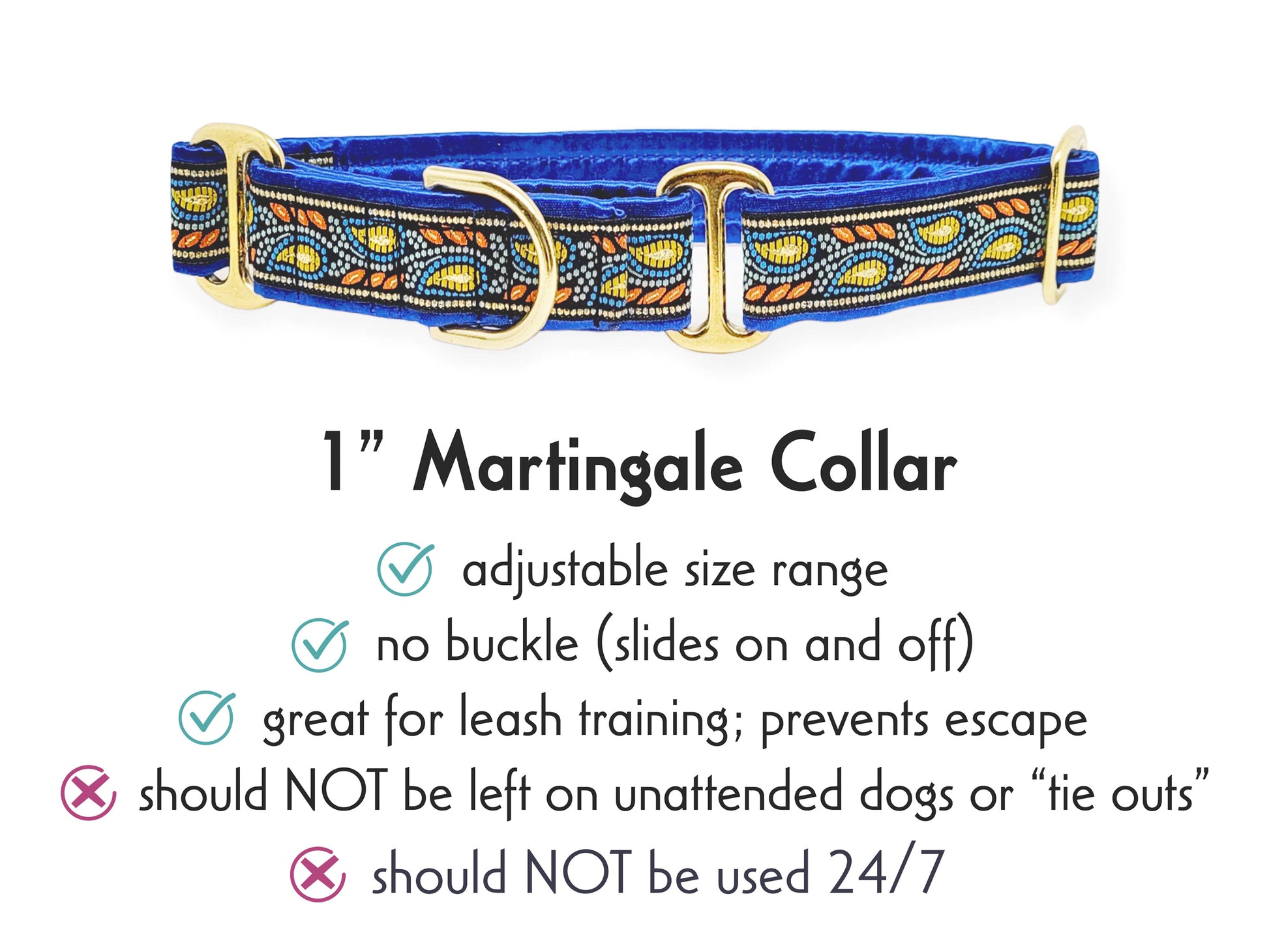 1 Inch Wide Blue, Orange Paisley Vines Martingale Dog Collar by The Hound Haberdashery