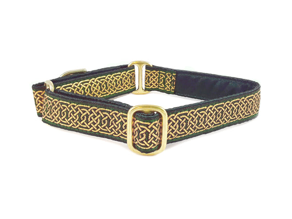 Wexford Jacquard in Green & Metallic Gold - Martingale Dog Collar or Buckle Dog Collar - 1" Width