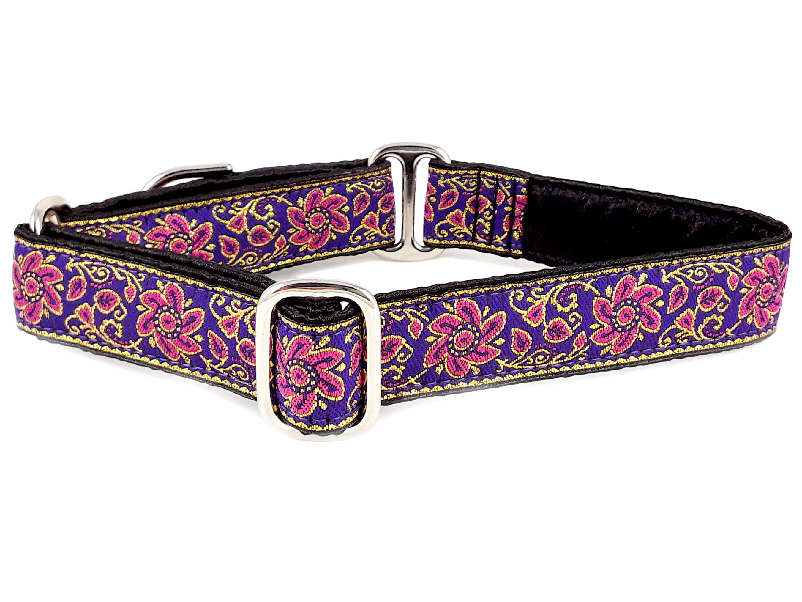 Sevilla Jacquard in Purple, Pink & Gold - Martingale Dog Collar or Buckle Dog Collar - 1" Width