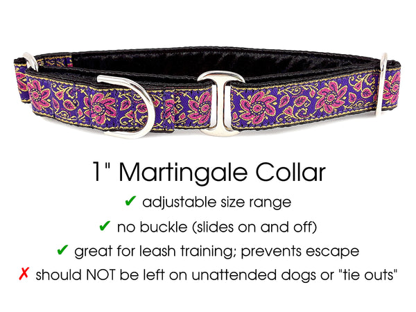 Sevilla Jacquard in Purple, Pink & Gold - Martingale Dog Collar or Buckle Dog Collar - 1" Width