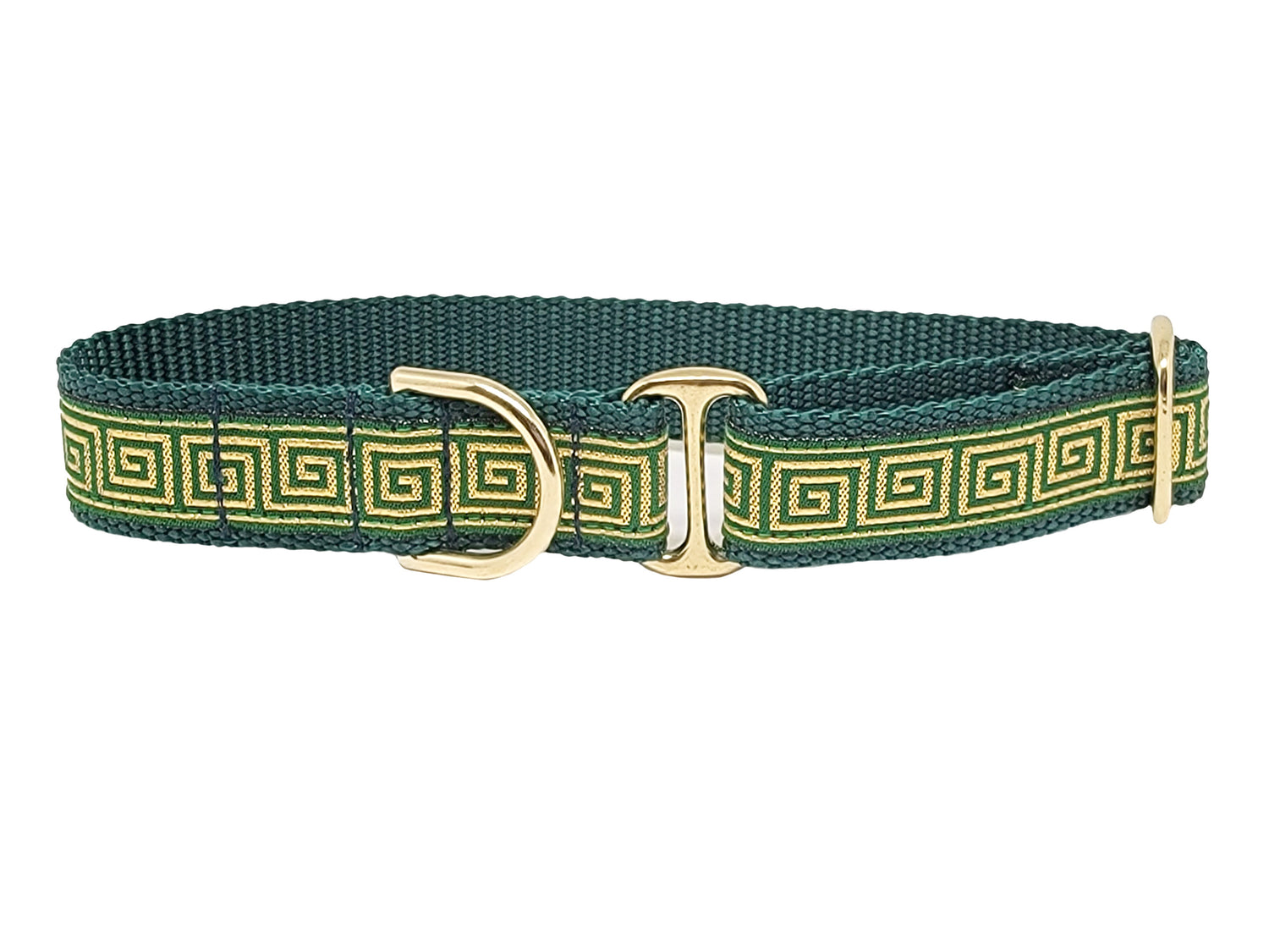 1 Inch Wide Green, Gold Greek Key Dog Tag Collar by The Hound Haberdashery