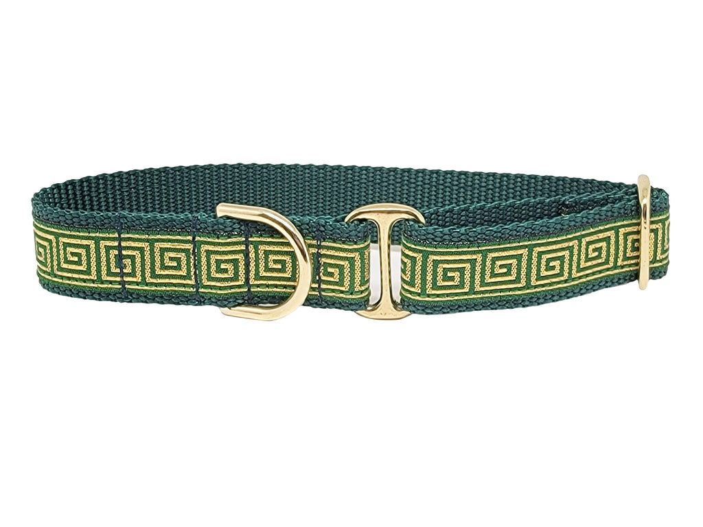 Greek Key in Green Metallic Gold Tag Collar