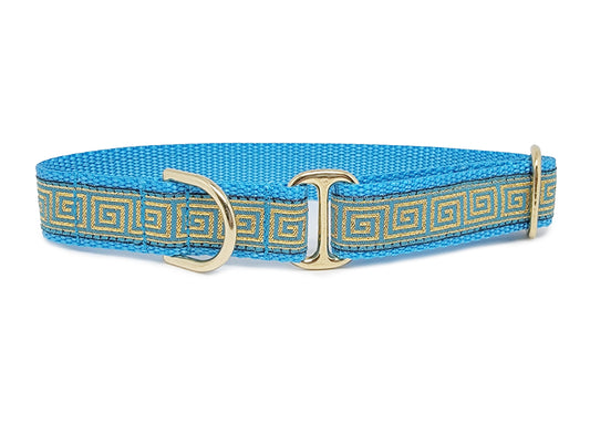 Turquoise, Gold Greek Key Dog Tag Collar by The Hound Haberdashery