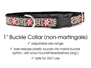 Arabesque Jacquard in Red & White - Martingale Dog Collar or Buckle Dog Collar - 1" Width
