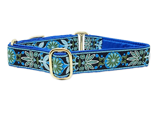 Copenhagen Pinwheel in Blue, Green & Black - Martingale Dog Collar or Buckle Dog Collar - 1" Width