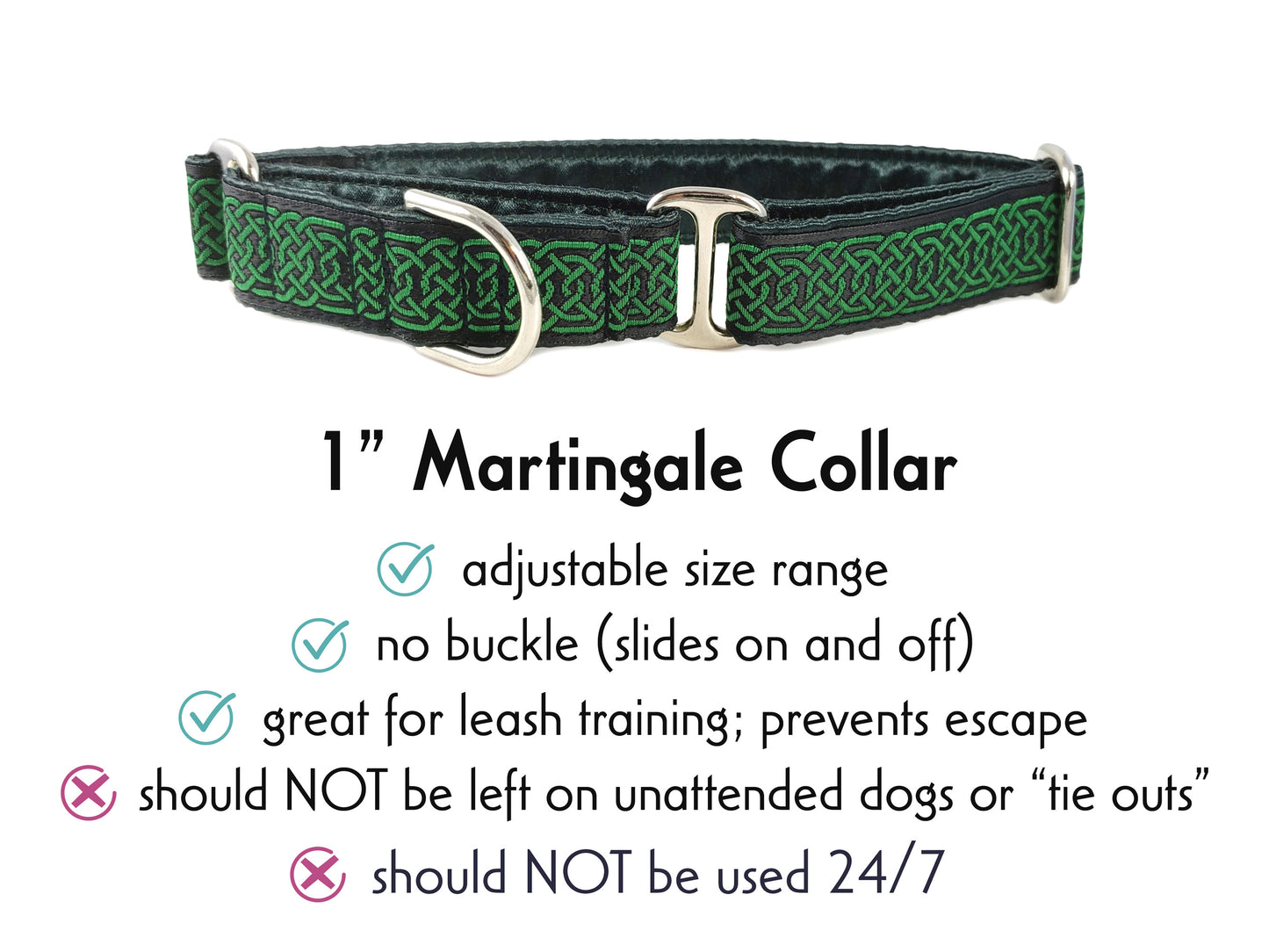 1 Inch Wide Green, Black Wexford Celtic Braid Martingale Dog Collar by The Hound Haberdashery