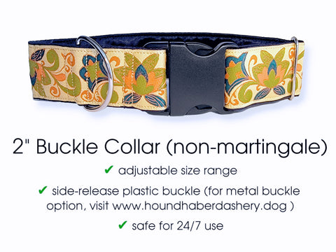 Premade & Ready to Ship: 2" Wide Cream Trumpet Flower Buckle Dog Collar (Size LARGE, Nickel-Plated)