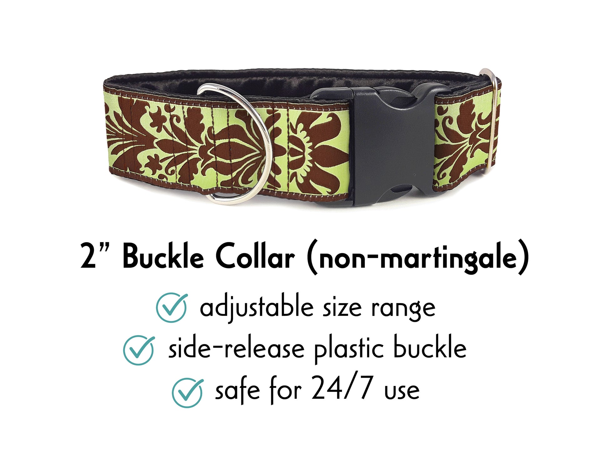 2 Inch Wide Green, Brown Damask Buckle Dog Collar by The Hound Haberdashery