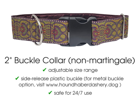 Premade & Ready to Ship: 2" Wide Olive & Aubergine Marseilles Buckle Dog Collar (Size LARGE, Nickel-Plated)