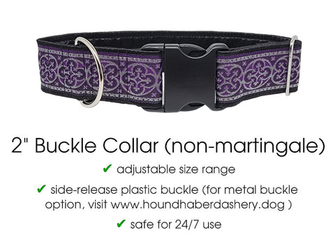 Premade & Ready to Ship: 2" Wide Purple Celtic Cross Buckle Dog Collar (Size LARGE, Nickel-Plated)