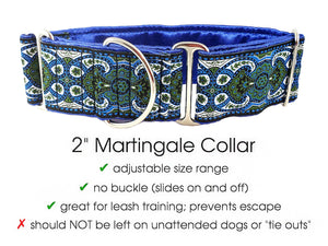 Marseilles Tapestry in Blue & Green - Martingale Dog Collar or Buckle Dog Collar - 2" Width