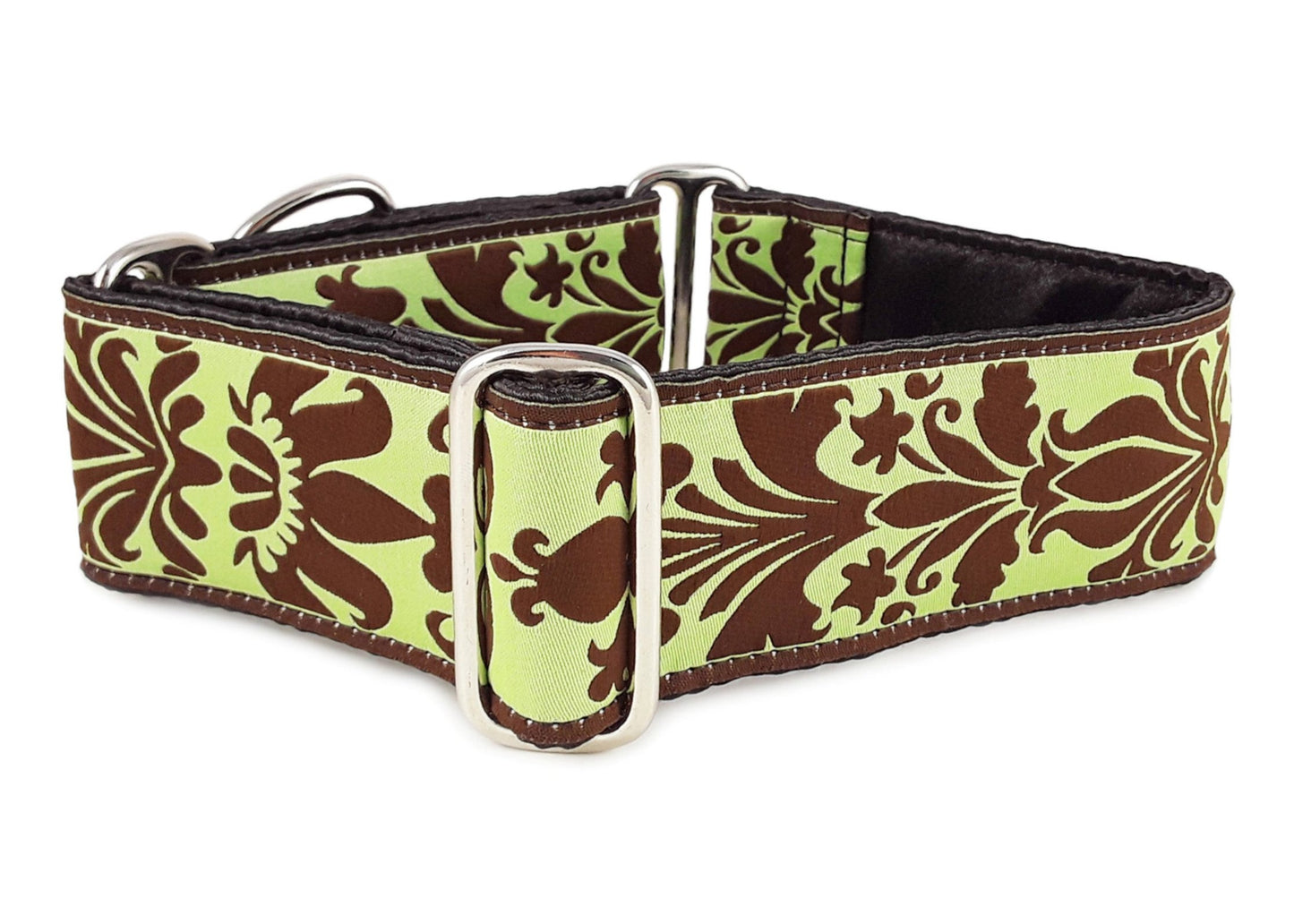 2 Inch Wide Green, Brown Damask Dog Collar by The Hound Haberdashery