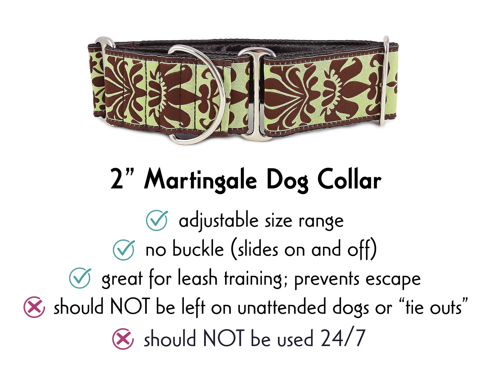 2 Inch Wide Green, Brown Damask Martingale Dog Collar by The Hound Haberdashery