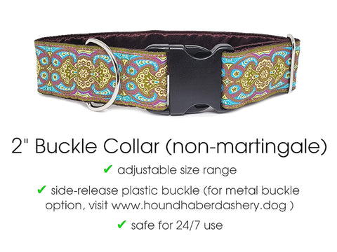 Premade & Ready to Ship: 2" Wide Olive Green & Plum Marseilles Buckle Dog Collar (Size LARGE, Nickel-Plated)