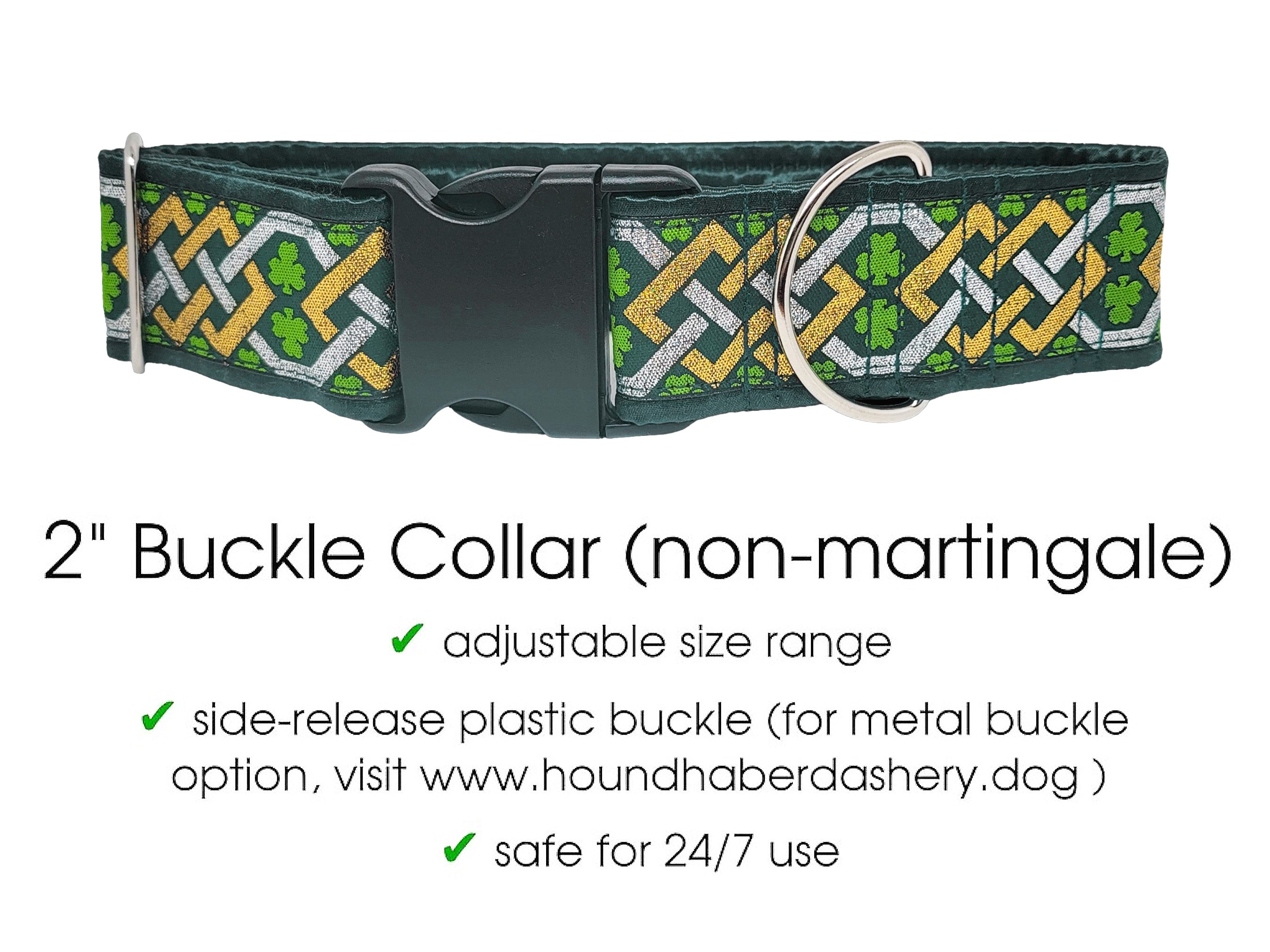 Limerick in Green and Metallic Gold & Silver - Martingale Dog Collar or Buckle Dog Collar - 2" Width