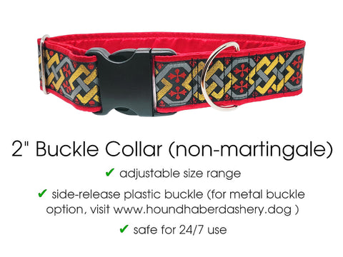 Premade & Ready to Ship: 2" Wide Red Limerick Celtic Buckle Dog Collar (Size LARGE, Nickel-Plated)