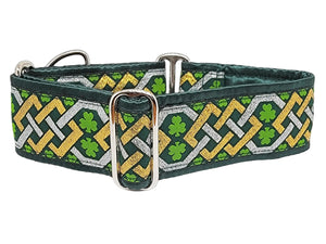 Limerick in Green and Metallic Gold & Silver - Martingale Dog Collar or Buckle Dog Collar - 2" Width