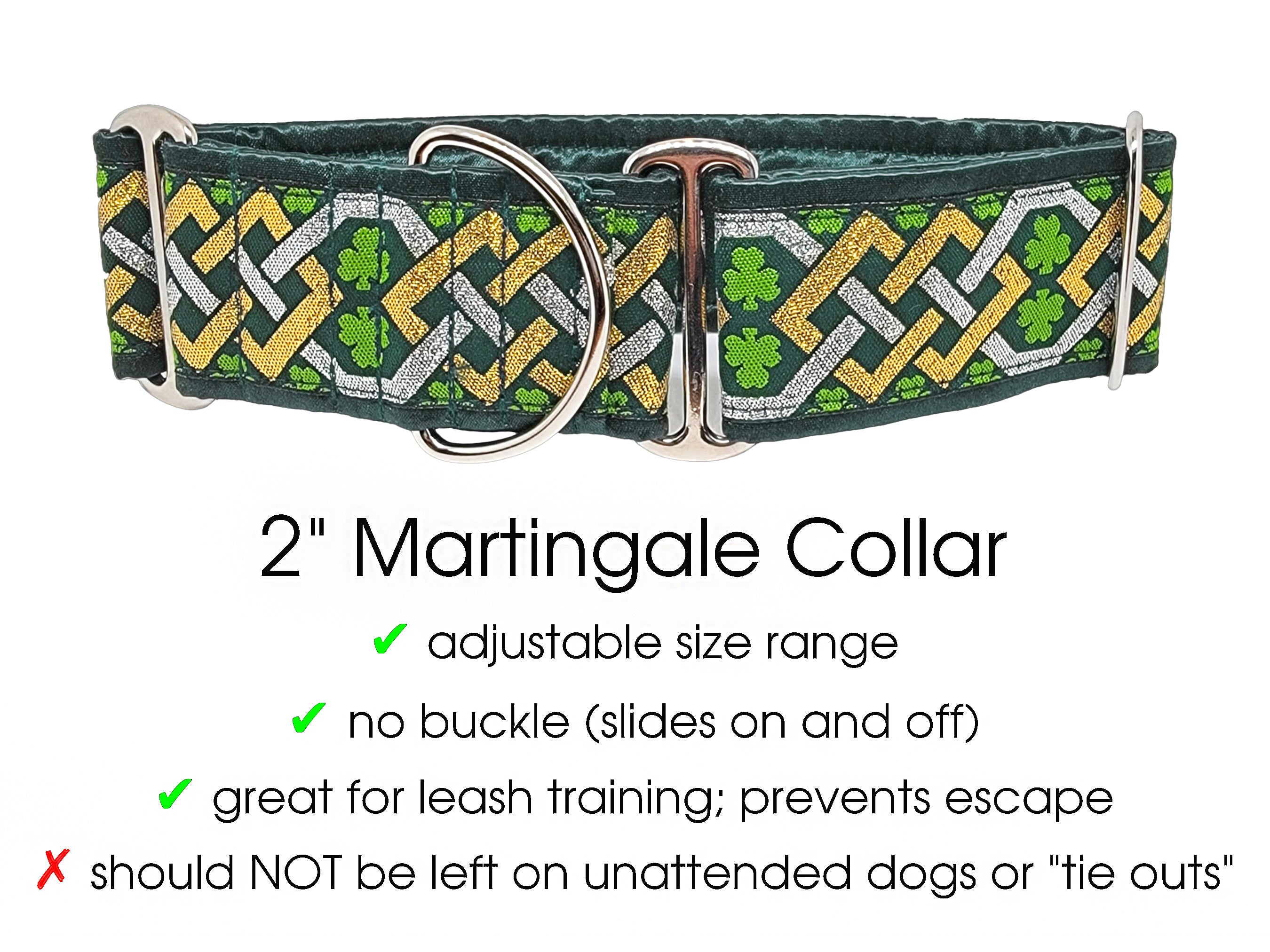 Limerick in Green and Metallic Gold & Silver - Martingale Dog Collar or Buckle Dog Collar - 2" Width