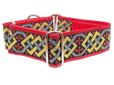 Limerick in Red and Metallic Gold & Silver - Martingale Dog Collar or Buckle Dog Collar - 2" Width
