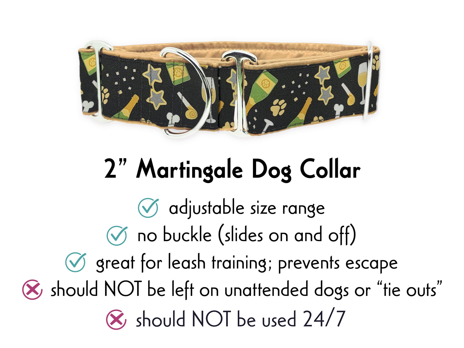 2 Inch Wide New Year's Eve Celebrations Martingale Dog Collar by The Hound Haberdashery