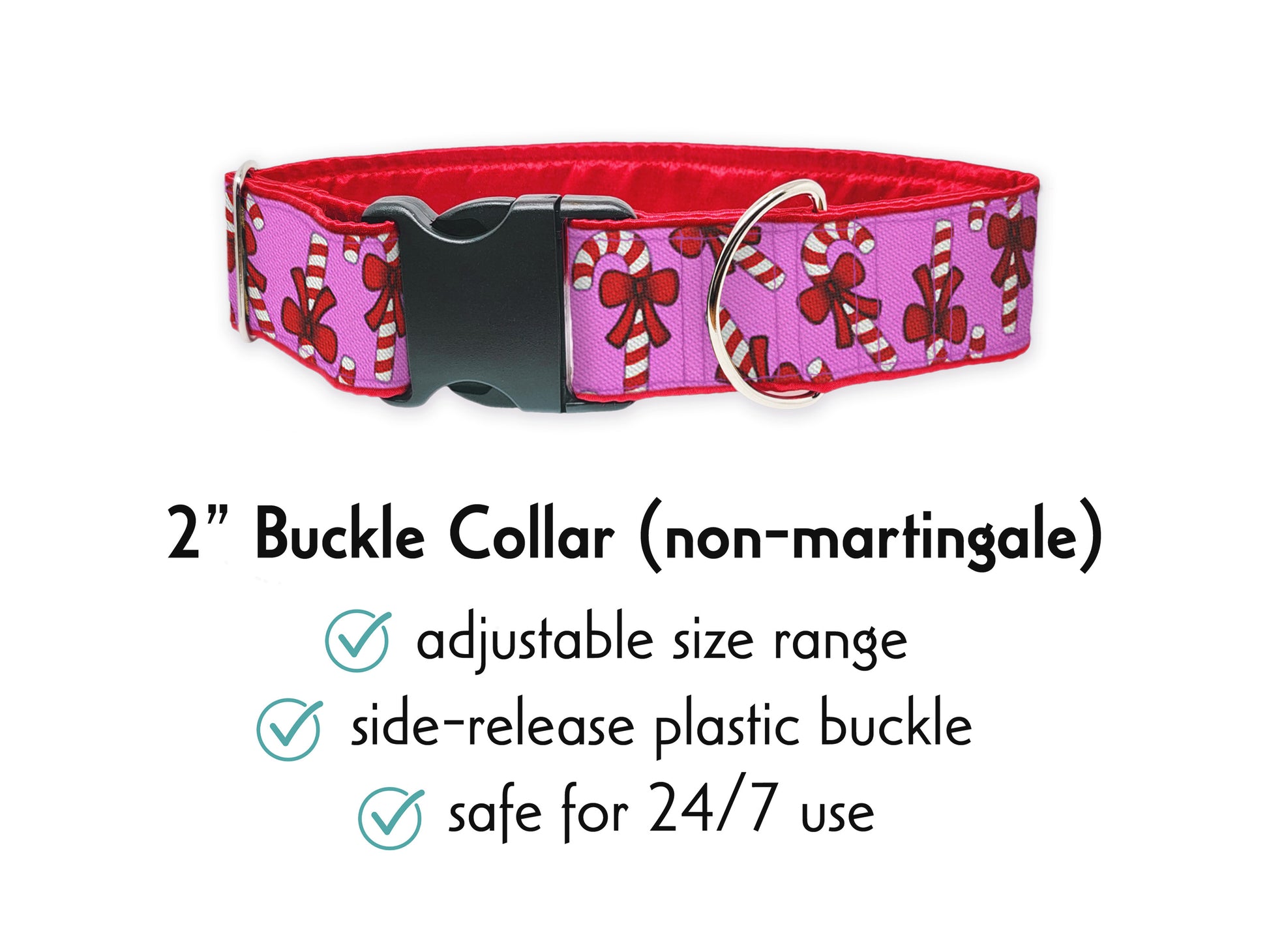 2 Inch Wide Pink Red Candy Canes Christmas Dog Collar - Martingale or Buckle Style - Adjustable for Medium and Large Breeds, Greyhounds, Great Danes, Poodles, Mastiffs, Etc.
