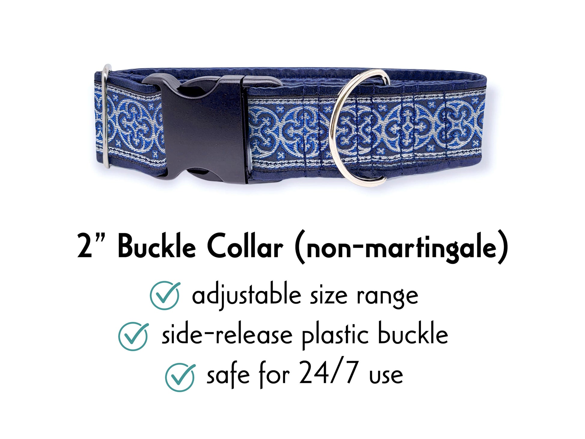 2 Inch Wide Navy Blue, Silver Celtic Cross Buckle Dog Collar by The Hound Haberdashery