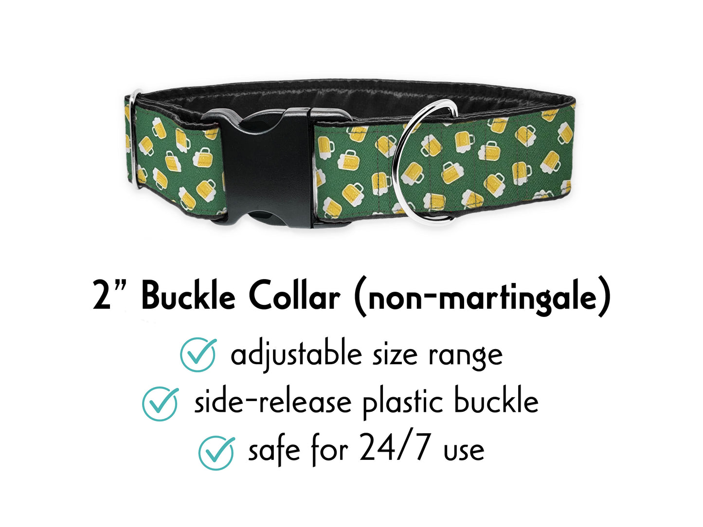 2 Inch Wide Green Yellow Beer Buckle Dog Collar by The Hound Haberdashery | Satin-Lined, Extra Wide for Medium to Large Dogs, Greyhounds, Great Danes, Etc.