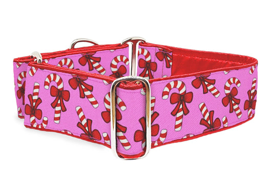 2 Inch Wide Christmas Candy Canes Dog Collar - Martingale or Buckle Style - Adjustable and Satin-Lined for Medium & Large Breeds, Greyhounds, Great Danes, Mastiffs, Poodles, Etc.