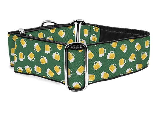 2 Inch Wide Green Yellow Beer Martingale Dog Collar by The Hound Haberdashery | Satin-Lined, Extra Wide for Medium to Large Dogs, Greyhounds, Great Danes, Etc.