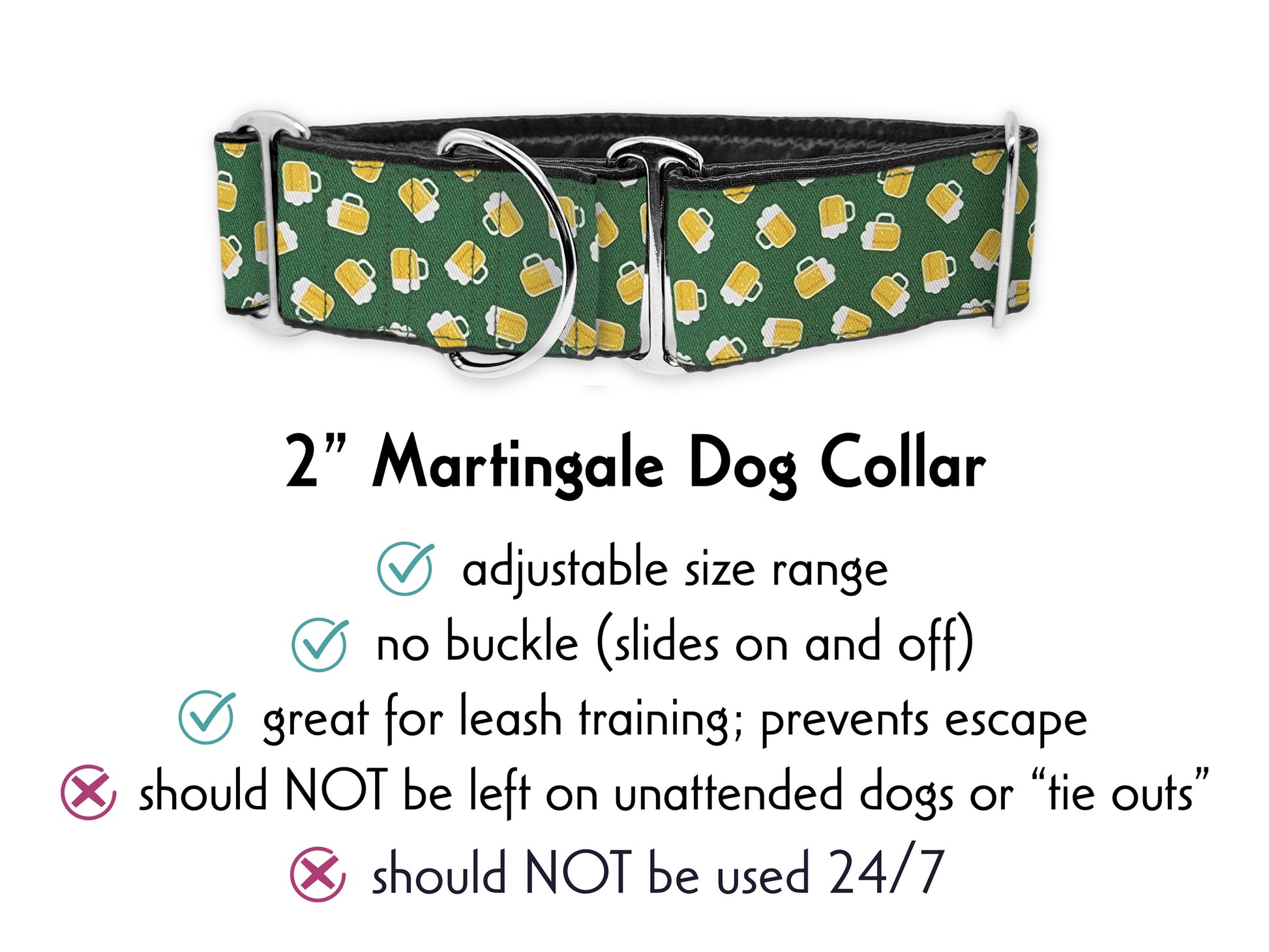 2 Inch Wide Green Yellow Beer Martingale Dog Collar by The Hound Haberdashery | Satin-Lined, Extra Wide for Medium to Large Dogs, Greyhounds, Great Danes, Etc.