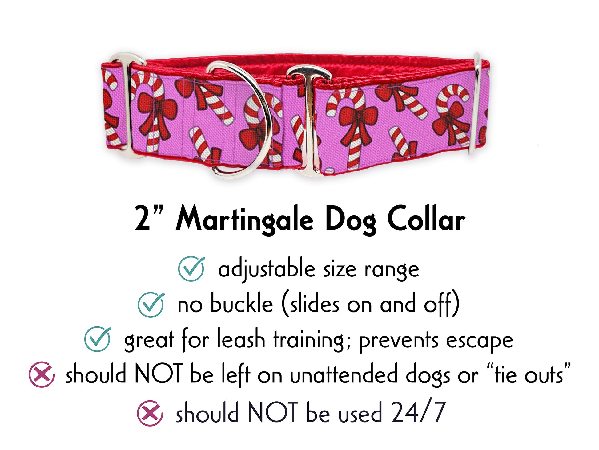 2 Inch Wide Pink Red Candy Canes Christmas Dog Collar - Martingale or Buckle Style - Adjustable for Medium and Large Breeds, Greyhounds, Great Danes, Poodles, Mastiffs, Etc.