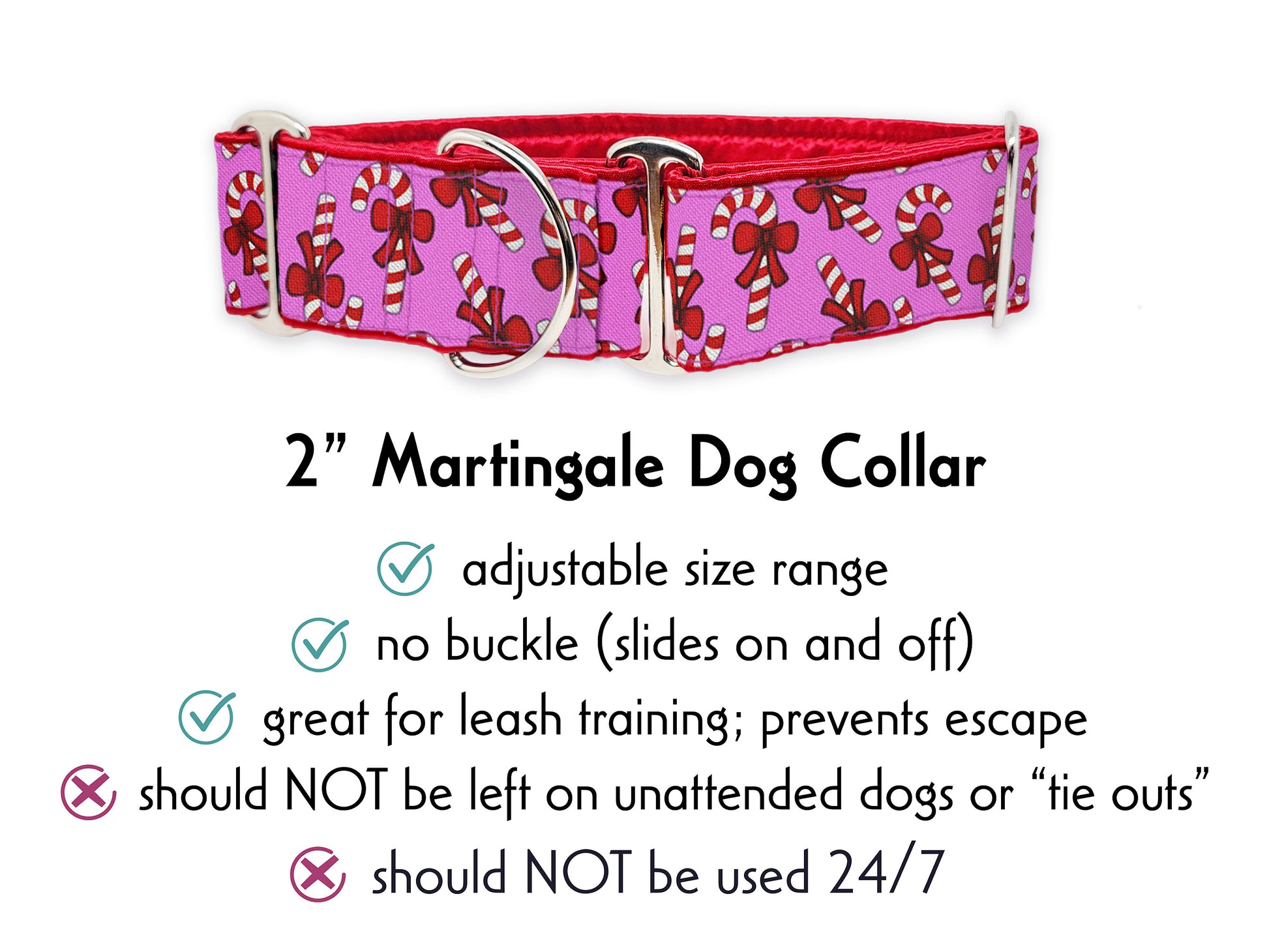 2 Inch Wide Christmas Candy Canes Dog Collar - Martingale or Buckle Style - Adjustable and Satin-Lined for Medium & Large Breeds, Greyhounds, Great Danes, Mastiffs, Poodles, Etc.
