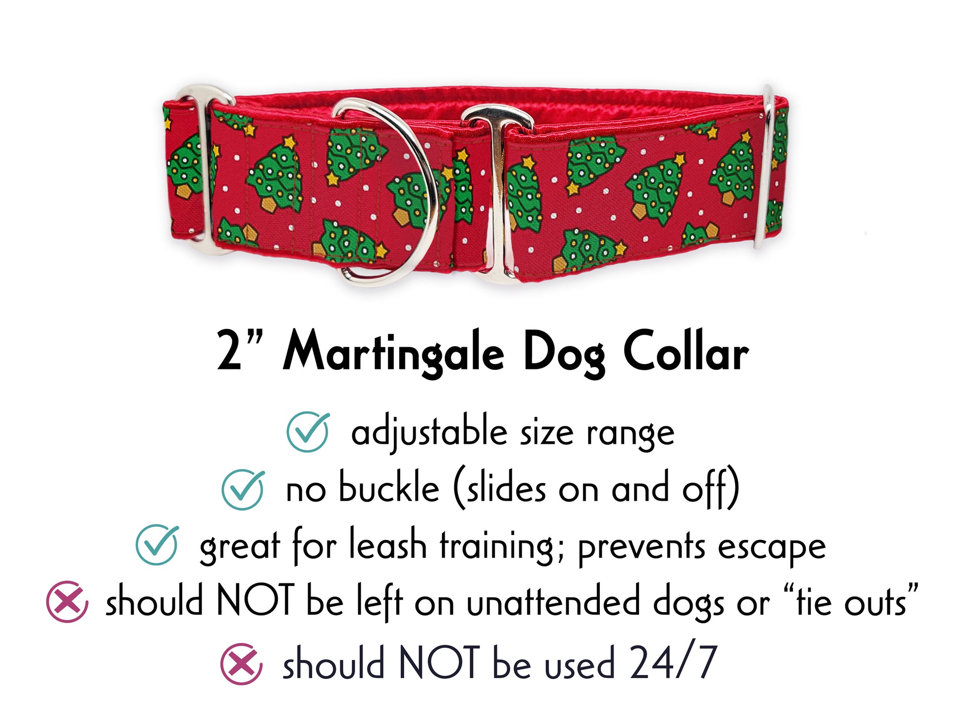 2 Inch Wide Christmas Trees Martingale Dog Collar by The Hound Haberdashery | Adjustable, Satin-Lined Dog Collar for Medium to Large Breeds, Greyhounds, Great Danes, Borzois, Silken Windhounds, Wolfhounds, Etc.
