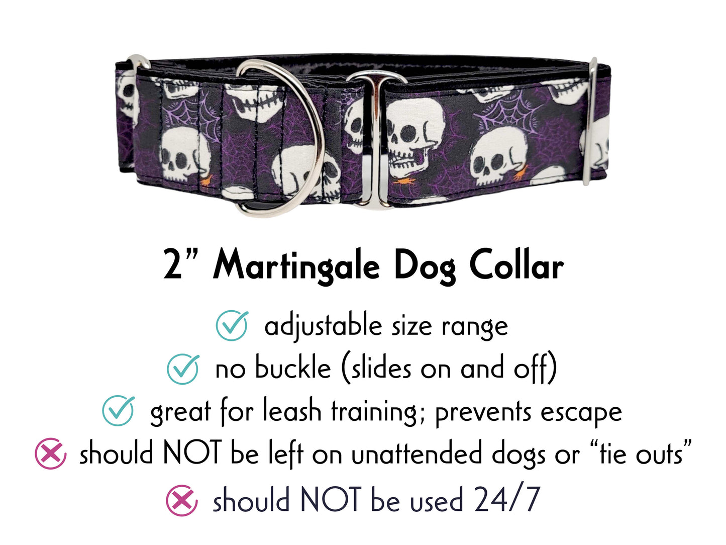 2 Inch Wide Spooky Skulls Martingale Dog Collar by The Hound Haberdashery