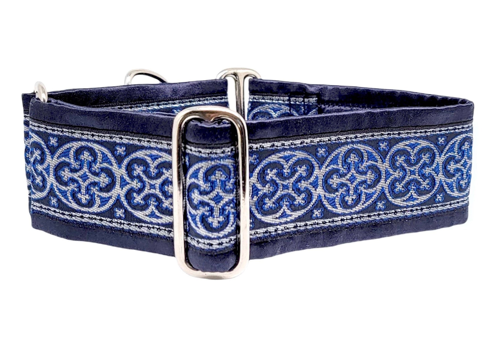 2 Inch Wide Navy Blue, Silver Celtic Cross Dog Collar by The Hound Haberdashery
