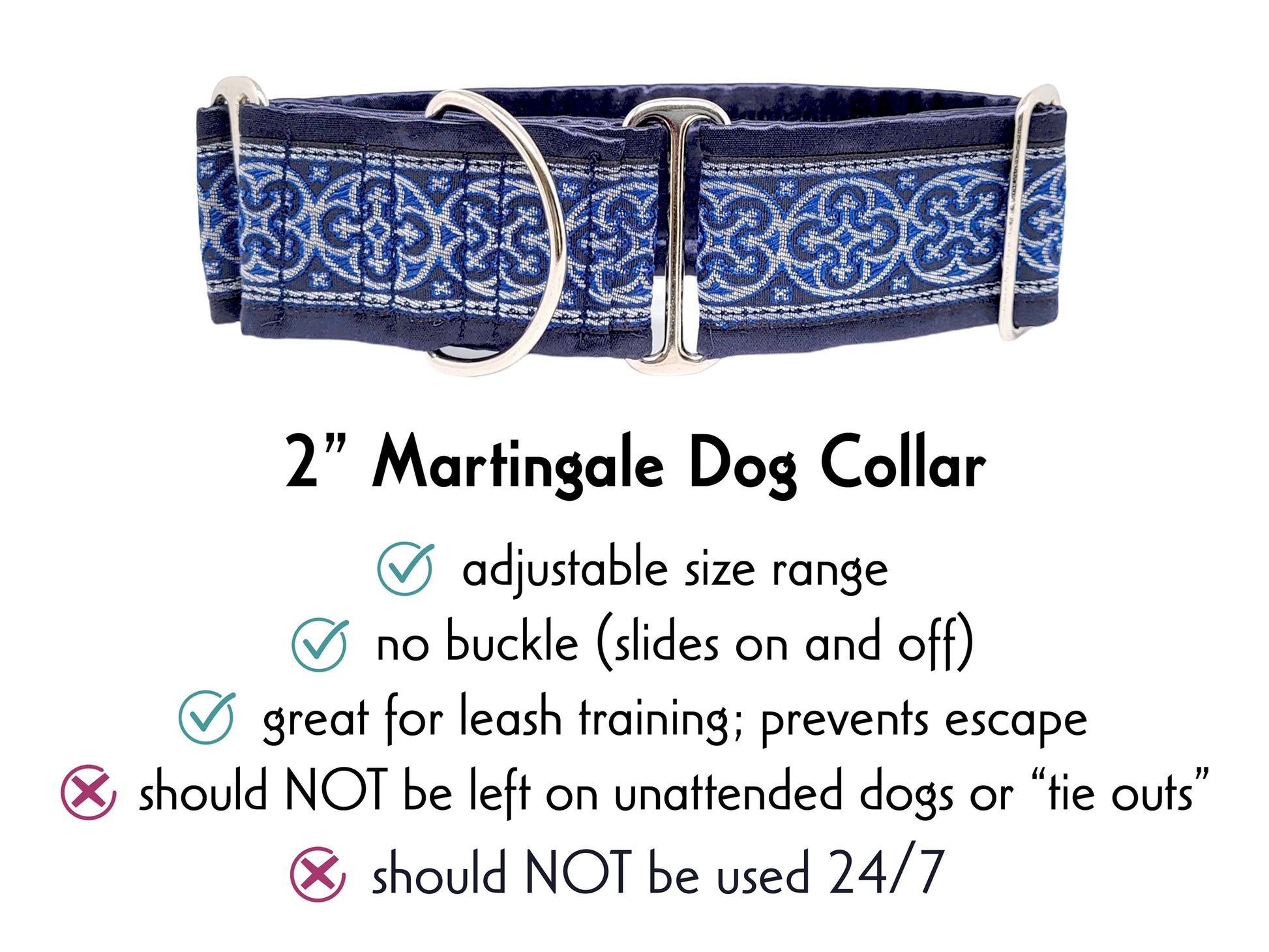 2 Inch Wide Navy Blue, Silver Celtic Cross Martingale Dog Collar by The Hound Haberdashery