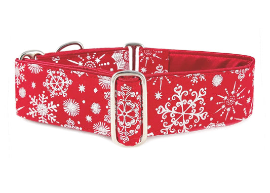 2 Inch Wide Red, Silver Snowflakes Martingale Dog Collar by The Hound Haberdashery