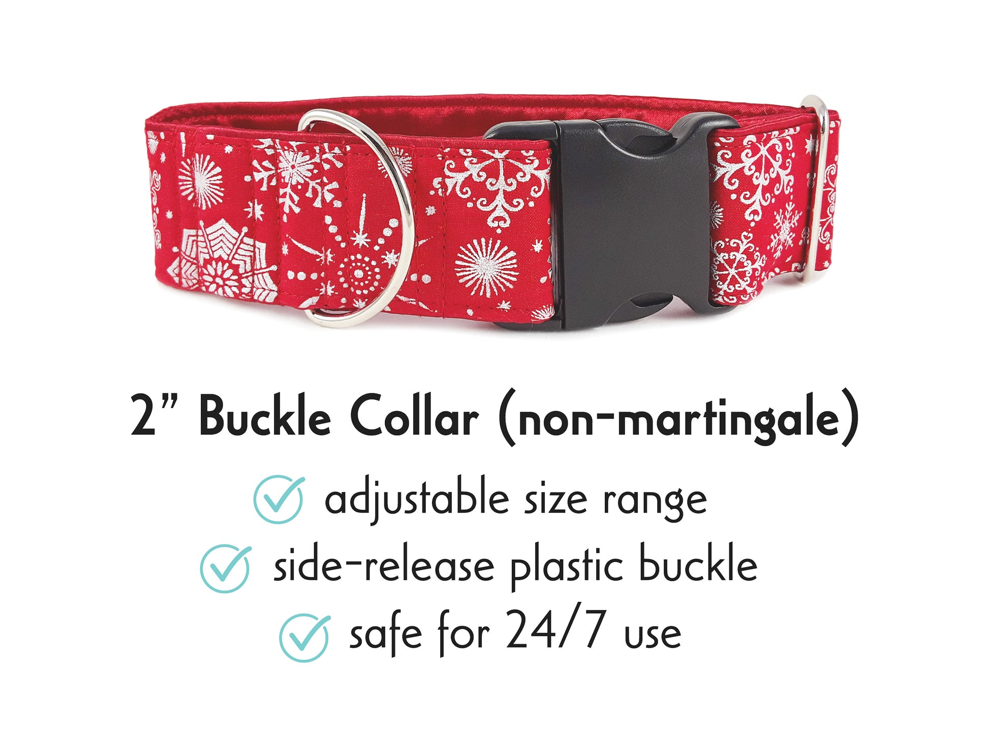 2 Inch Wide Red, Silver Snowflakes Buckle Dog Collar by The Hound Haberdashery