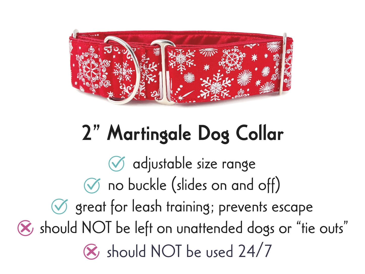 2 Inch Wide Red, Silver Snowflakes Martingale Dog Collar by The Hound Haberdashery