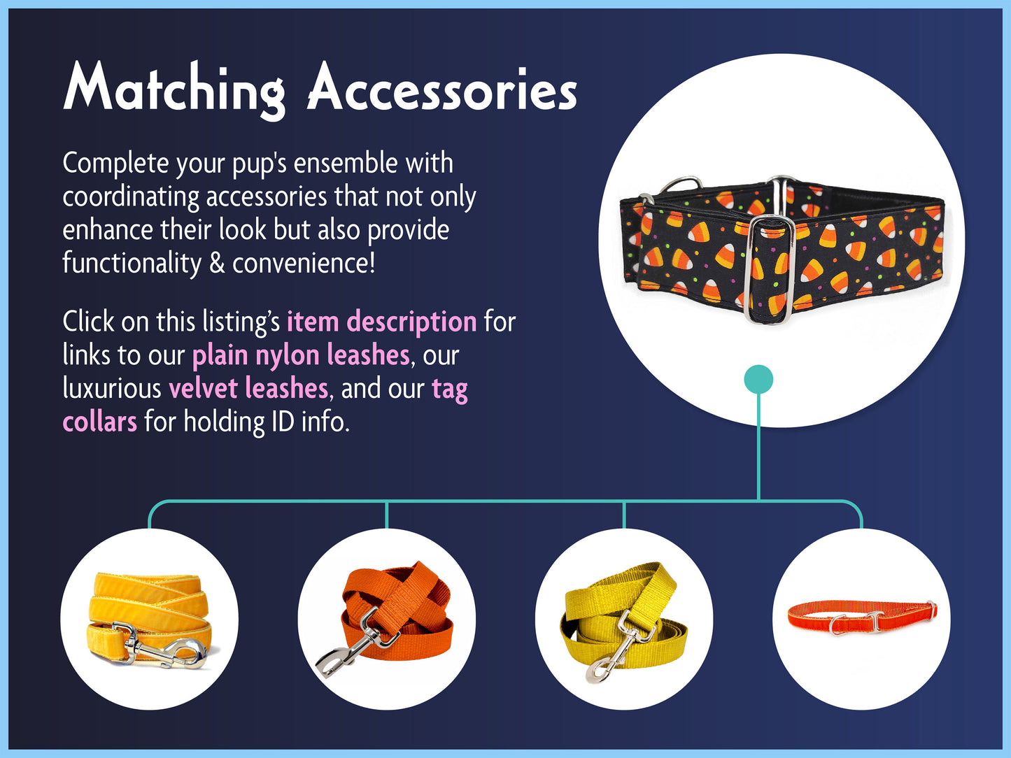 Matching Accessories for the 2 Inch Wide Candy Corn Halloween Dog Collar by The Hound Haberdashery