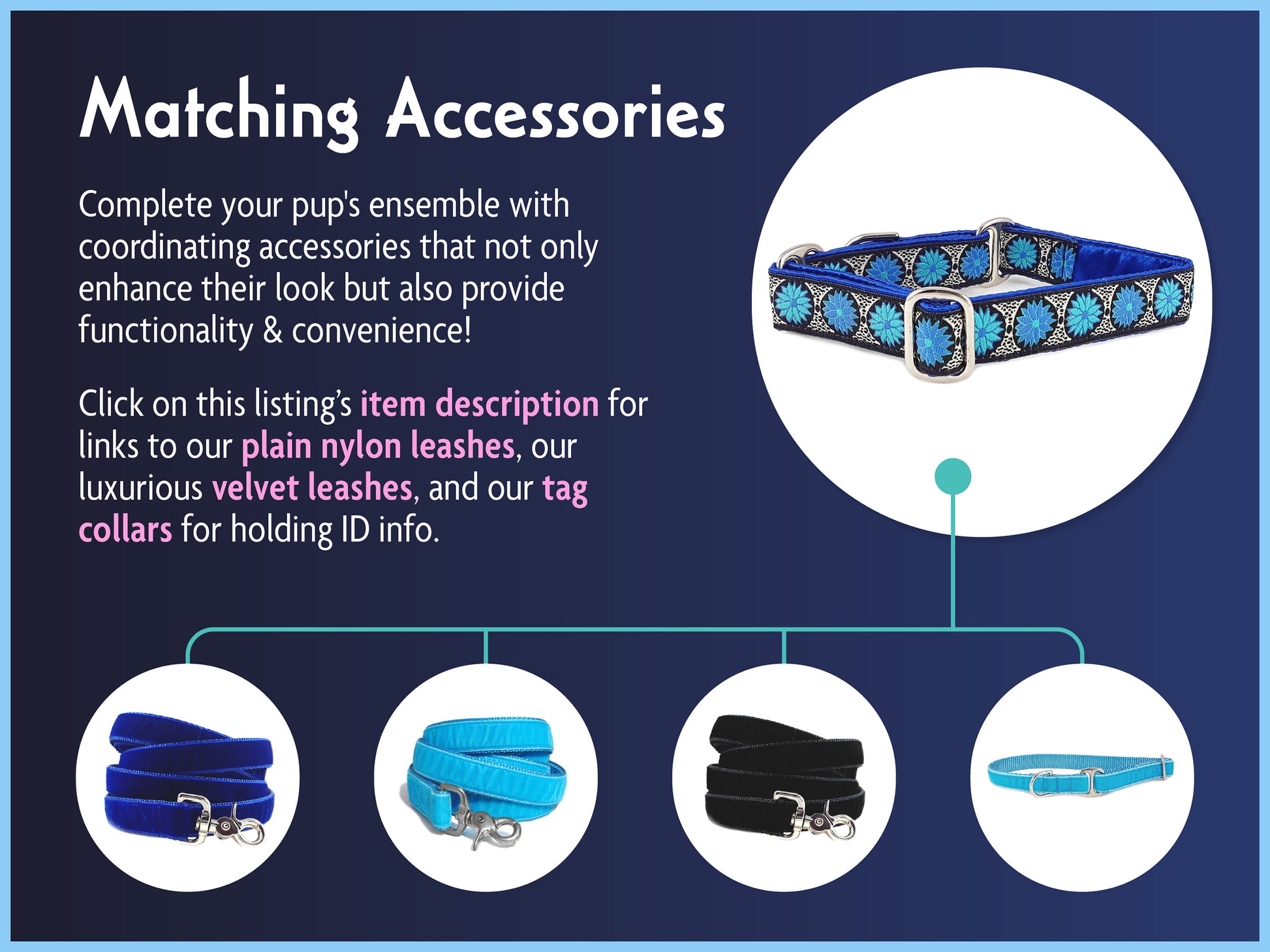 Matching Accessories for the 1 Inch Wide Blue Daisy Chains Dog Collar by The Hound Haberdashery