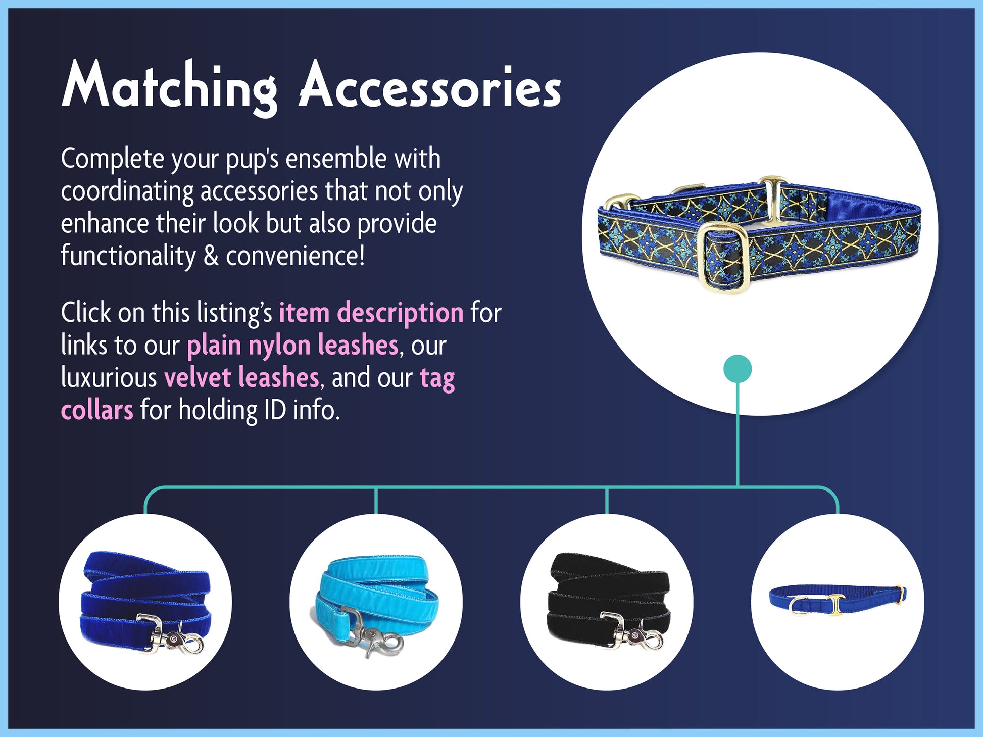 Matching Accessories for the 1 Inch Wide Blue, Gold Exeter Dog Collar by The Hound Haberdashery