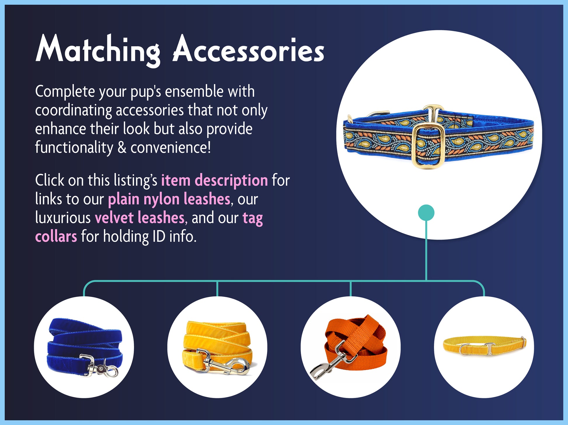 Matching Accessories for the 1 Inch Wide Blue, Orange Paisley Vines Dog Collar by The Hound Haberdashery