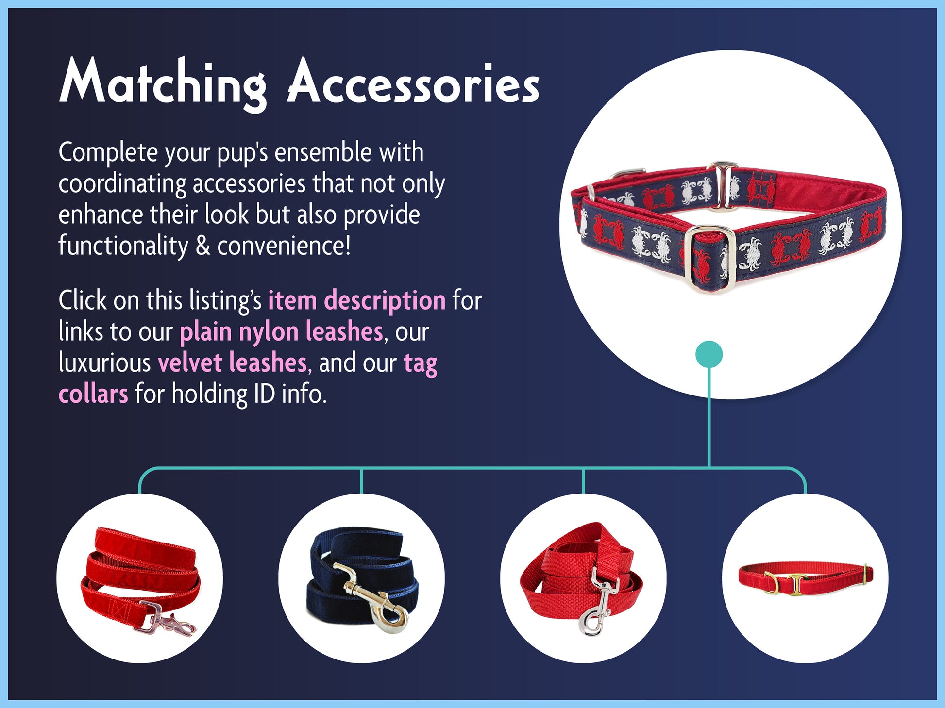 Matching Accessories for the 1 Inch Wide Chesapeake Crabs Dog Collar by The Hound Haberdashery
