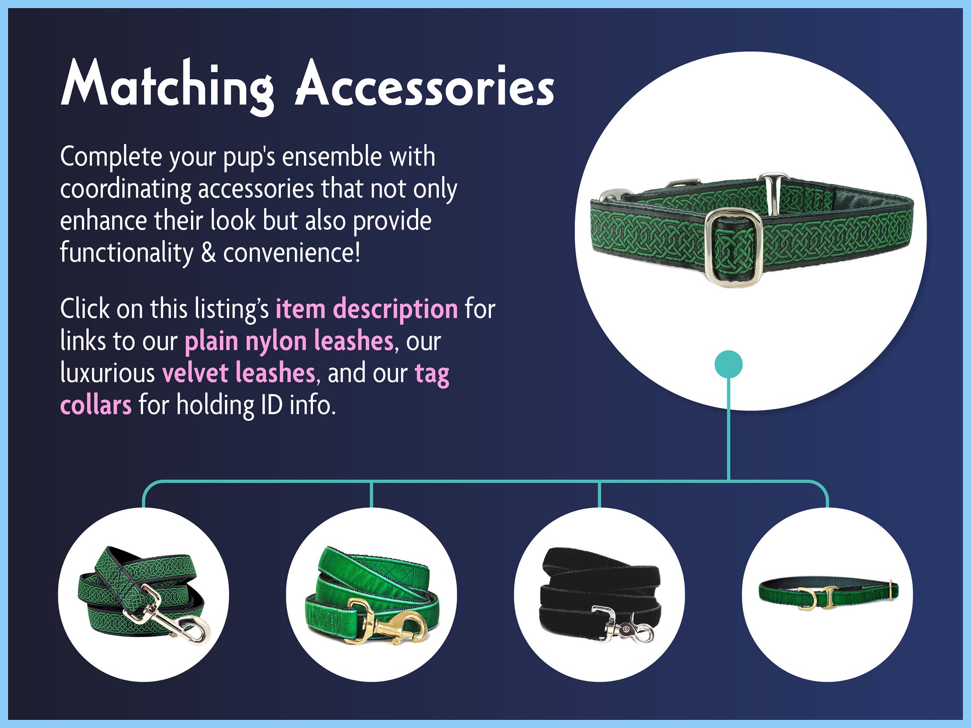 Matching Accessories for the 1 Inch Wide Green, Black Wexford Celtic Braid Dog Collar by The Hound Haberdashery