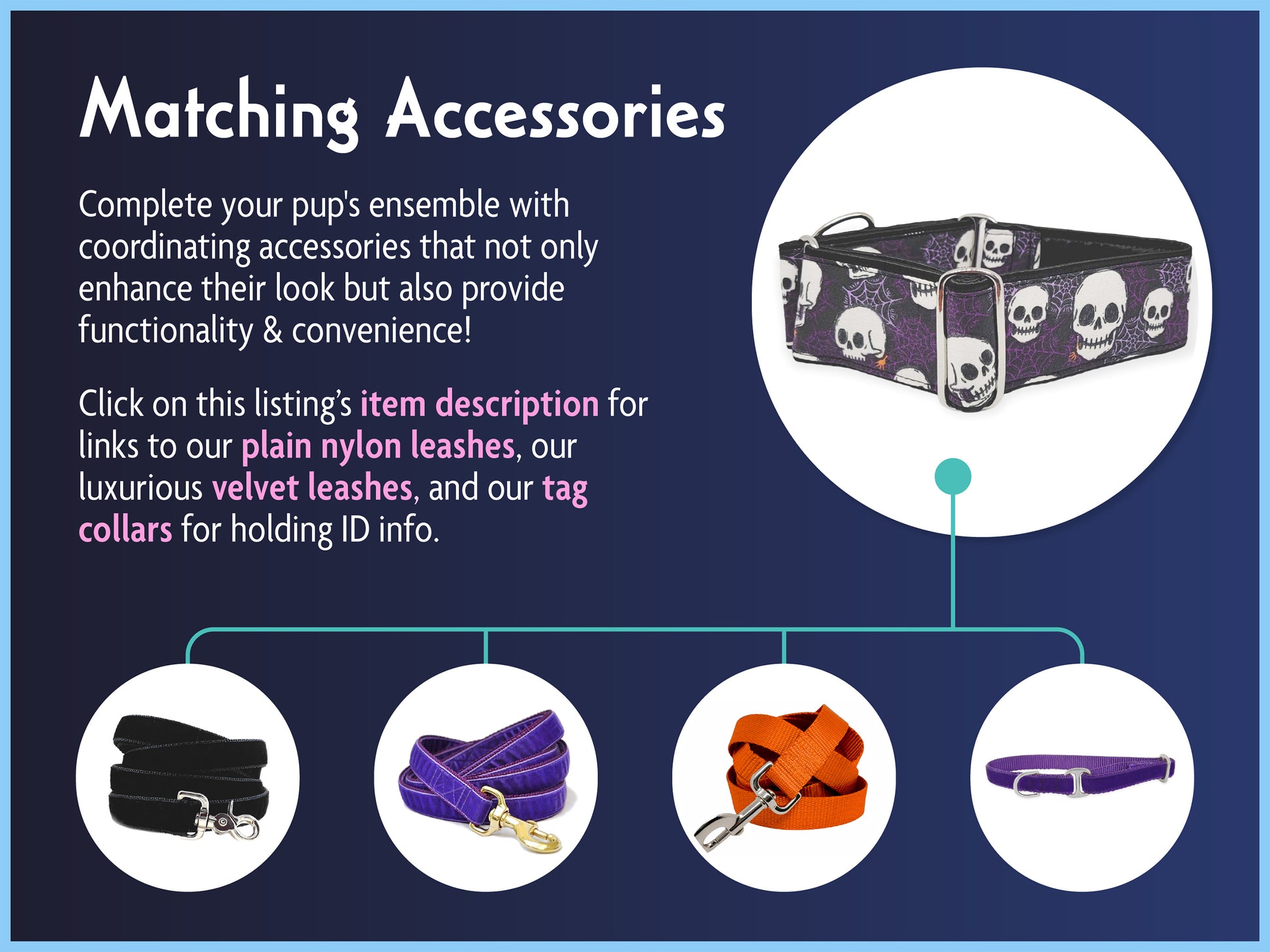 Matching Accessories for the 1.5 Inch Wide Spooky Skulls Dog Collar by The Hound Haberdashery